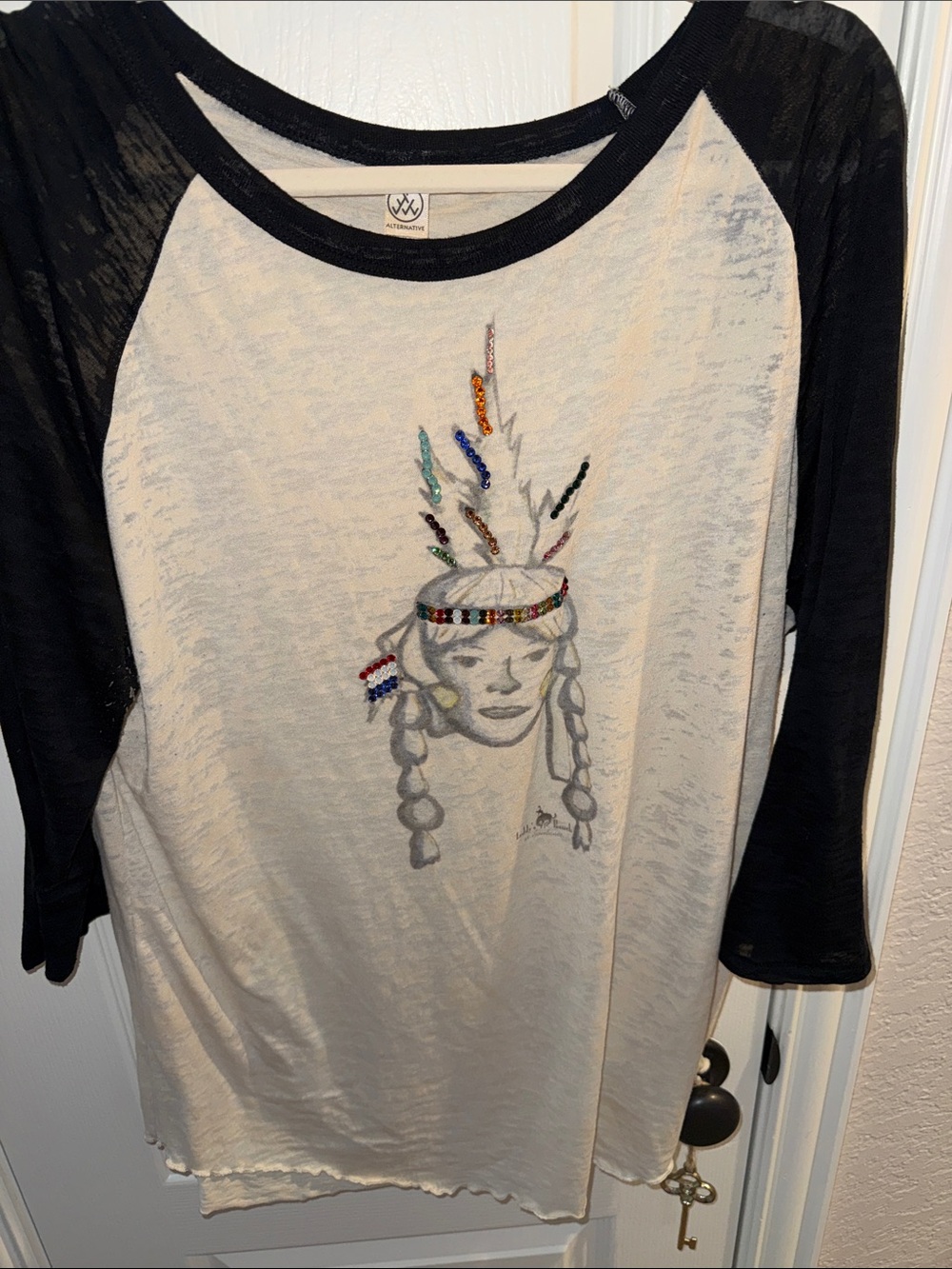 Alternative Apparel Black and Cream Raglan Long Sleeve Top with Beaded Headdress